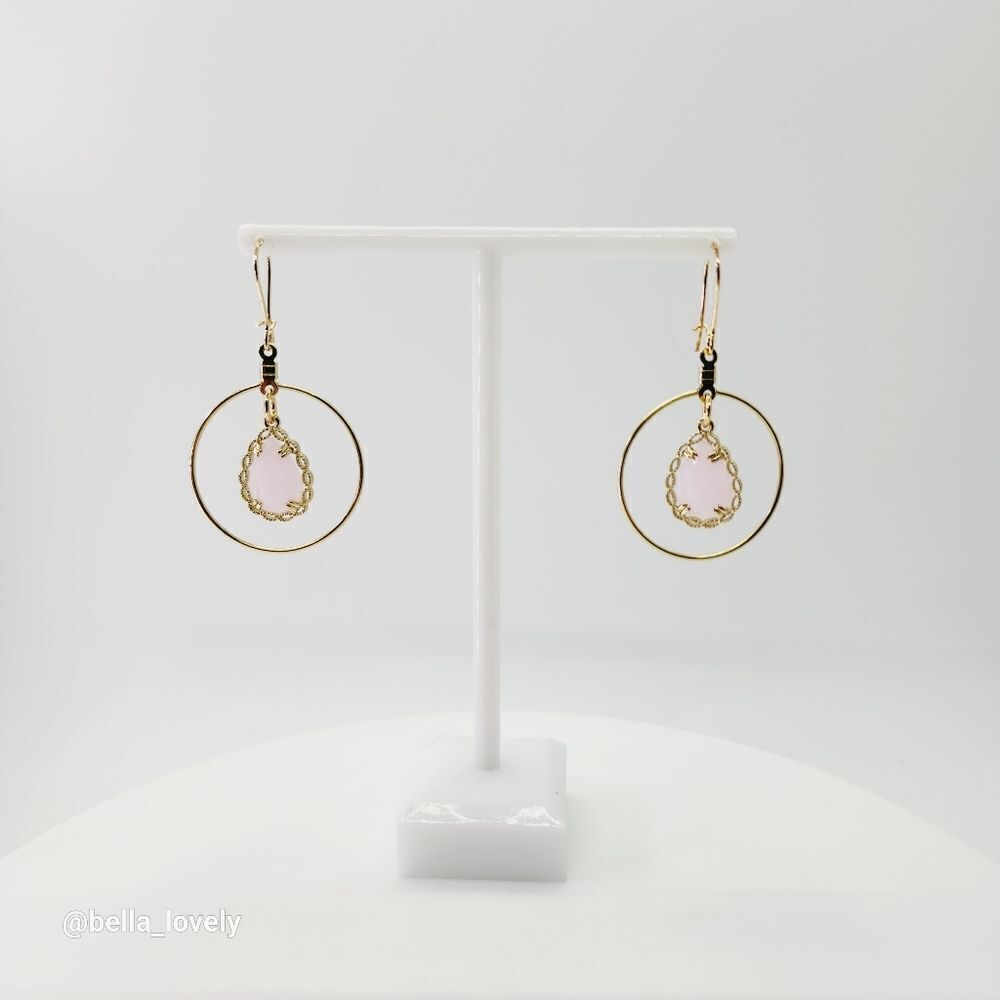 Faceted Pink Jade Wrap Gold Toned Teardrop Hoop Princess Earrings Handmade 2.18"